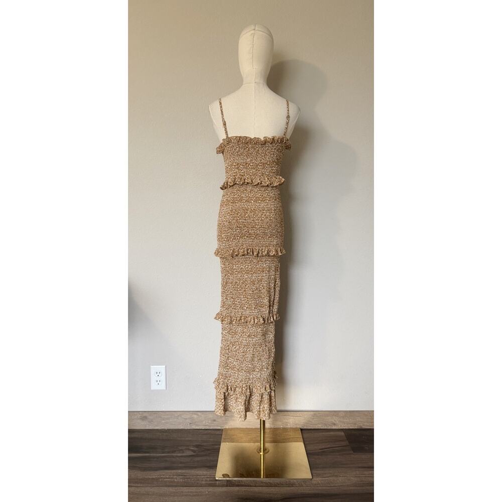 Mable Size Small Mustard Leaf Print Ruffle Tiered Smocked Fitted Midi Dress - Picture 10 of 16